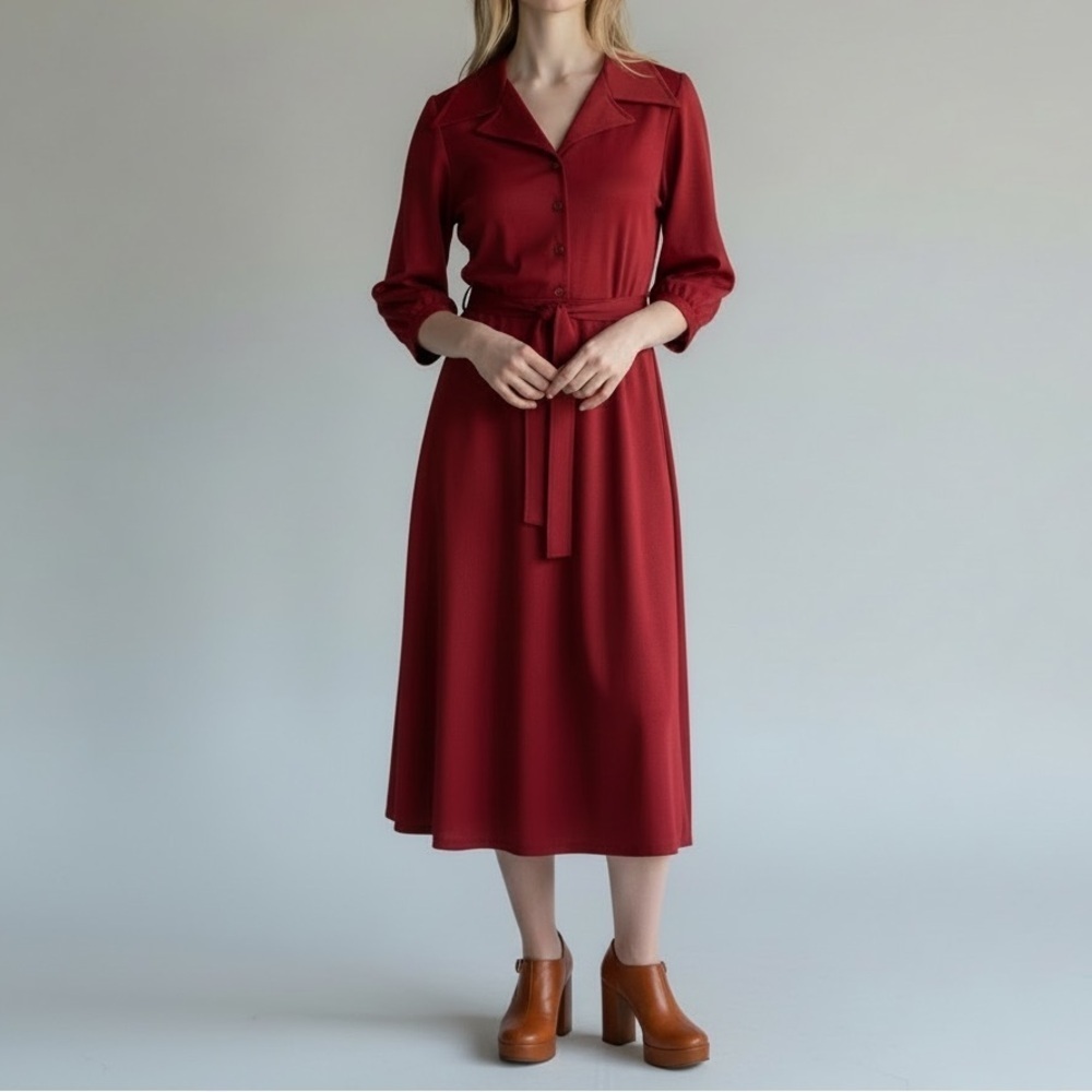 Vintage 70s Brick Red Polyester button front tie waist classic secretary Dress